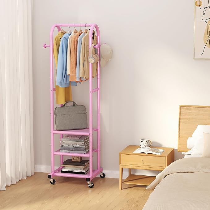 Dttwacoyh Clothing Rack with Wheels,Narrow Metal Garment Rack,Pink | Easy to install, 71.8 Inches Display Rack with 4 Side Hooks & 3 Shelves,for Small Flats, Bedroom, Entryway,Pink Clothes Rack
