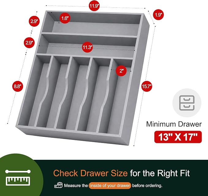 Kitchen Bamboo Silverware Organizer, Kitchen Drawer Organizer - Utensil Holder and Cutlery Tray with Grooved Drawer Dividers for Flatware 7 Slot, Grey