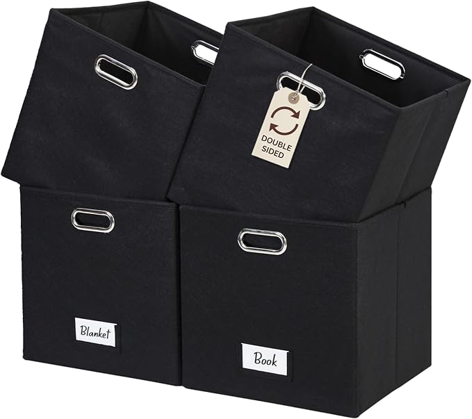 DECOMOMO Felt Storage Bins, 13 inch Cube Storage Bin with Labels | 4 Pack Storage Baskets for Shelves, Kallax (Black)