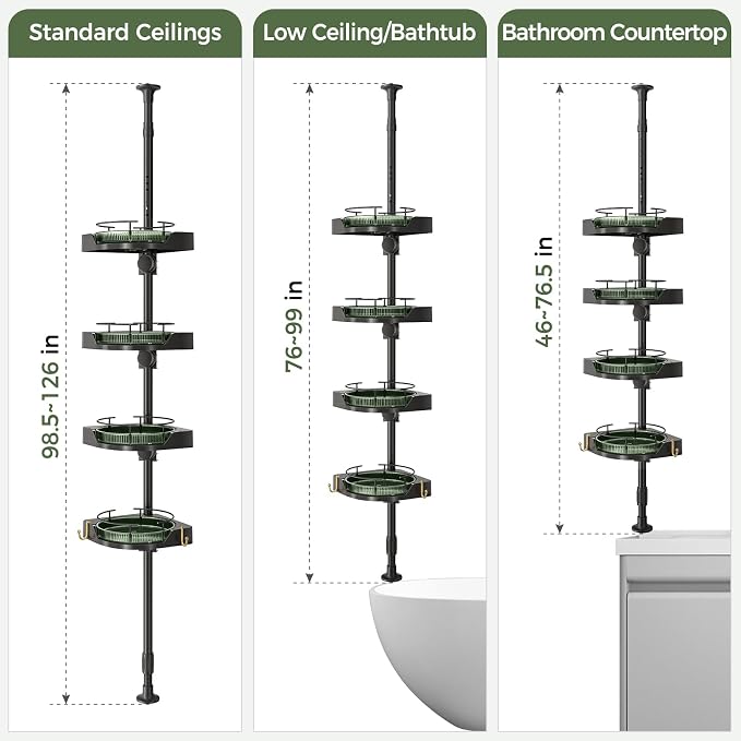 AKINBAS 360° Rotating Shower Caddy Tension Pole with 4-Tier Rustproof Lazy Susan 35-128 Inch No Drilling Coner Shelves Adjustable Shower Rack for Bathroom Bathtub Washbasin Plant Storage (Black+Green)