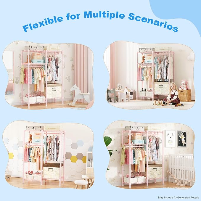 F1 Clothes Rack for Kids, Baby, Students, and Children's Room, 4 Tiers Portable Metal Closet Clothing Rack, Small Garment Rack with 2 Hanging Rod, 31.2" W x 11.8" D x 48" H, Pink | Clothing Rack for Baby and Children's Room, Small Freestanding Clothes ...