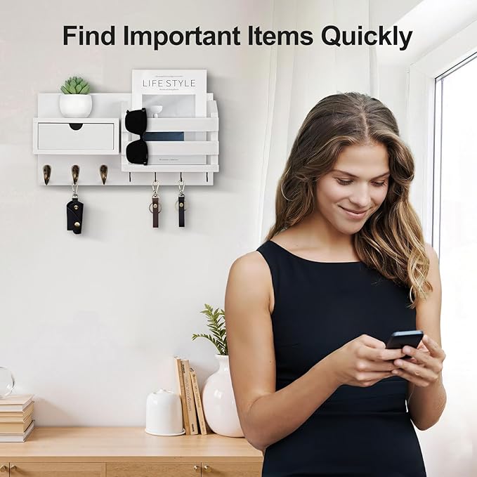 Lwenki Wall Mount Key Holder with Mail Organizer, 100% Paulownia Wood, 7 Metal Hooks, Storage Drawer, Entryway Home Decor (White)
