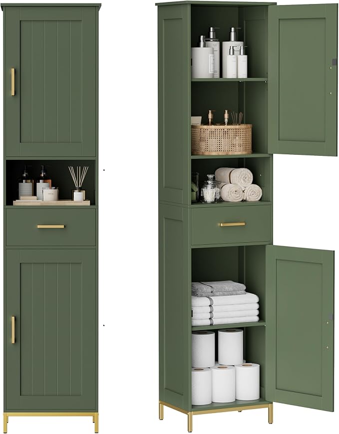 Homhedy 67" H Bathroom Storage Cabinet, Tall Bathroom Cabinet, Green | Narrow Cabinet with Doors and Drawer, Adjustable Shelves, Floor Cabinet for Bathroom, Living Room, Kitchen, Dining Room