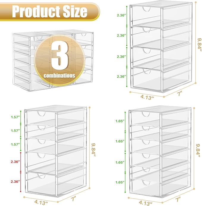 YFXCVSL 3-Pack Acrylic 15-Drawer Storage & Makeup Organizer for Desk | Smooth-glide drawers, clear acrylic, dustproof, waterproof, wipe-clean, for nail polish, essential oils, hair clips