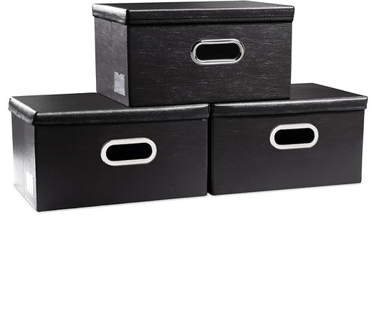PRANDOM Collapsible Storage Box with Lid [3-Pack] Leather Fabric Foldable Storage Bin Organizer Container Basket Cube with Cover for Home Bedroom Closet Office Nursery Black(13.6x9.6x6.9)