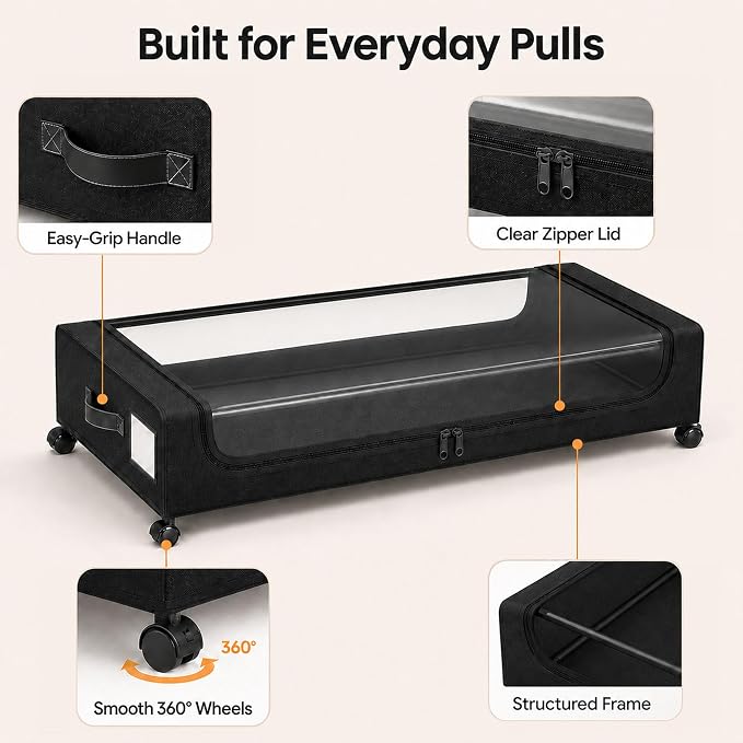 Camkey® Under Bed Storage with 360° Wheels, 2-Pack, 60L Low-Profile Rolling Underbed Bins for Clothes, Shoes, Toys & Books,Easy Pull-Out, Dust Protection, Space-Saving Organizer for Bedroom/Dorm,Black