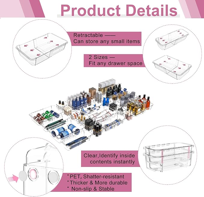 16 Pcs Upgraded Extendable Clear Drawer Organizer, Adjustable Vanity Storage Box, 3-Size Desk Drawer Organizer, Durable Storage Bins for Makeup, Cosmetic, Bedroom Dressers Tool Organizer for Gadgets