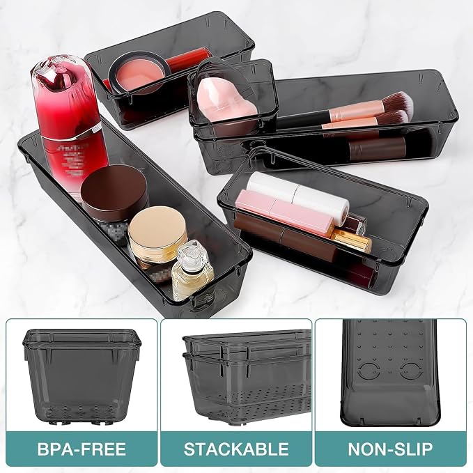 StorMiracle 10 PCS Drawer Organizer Set, 4 Varied Size Bathroom and kitchen Drawer cabinet organizer Trays, Clear Storage Bins for Makeup, Jewelry, Utensils and Gadgets, Black