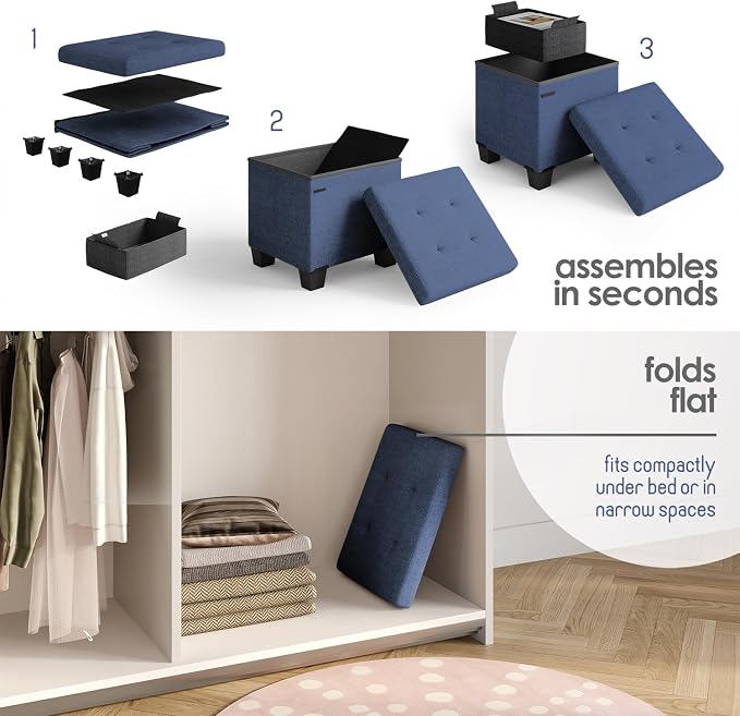 Storage Ottoman Cube with Small Bin, 15-in Square Ottoman with Storage for Living Room and Bedroom, Small Ottomans Foot Rest, Fabric Foot Stools Ottomans Max 330lbs, Blue