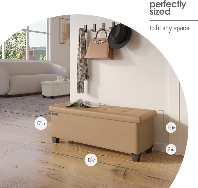 Storage Ottoman Bench with Bins, 43-in Storage Bench for Bedroom End of Bed, Folding Foot Rest Ottoman for Living Room Max 660lbs, Leather Ottomans, Taupe