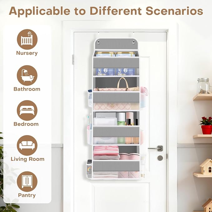 Over the Door Organizer, 4 Large Pocket Hanging Storage with 40lb Capacity | Space Saving Door Storage for Nursery, Bathroom, Bedroom and Closet, Baby Essentials and Toiletry Organizer, Grey