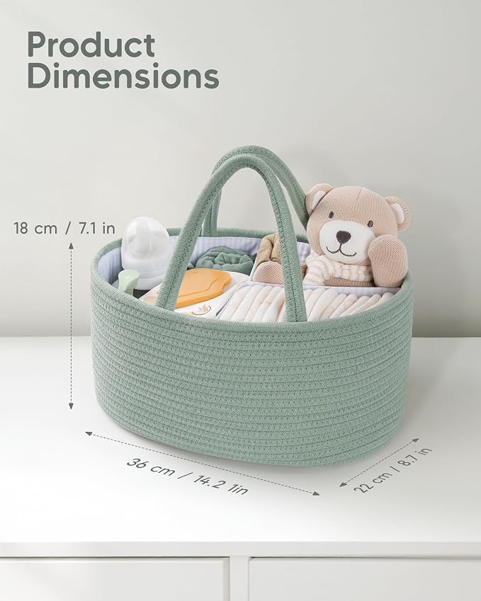 Maliton Diaper Caddy Organizer for Baby, Portable Diaper Storage Organizer for Changing Table and Car, Cotton Rope Nursery Storage Bin Basket for Baby Shower, Newborn Essentials Must Haves - Green