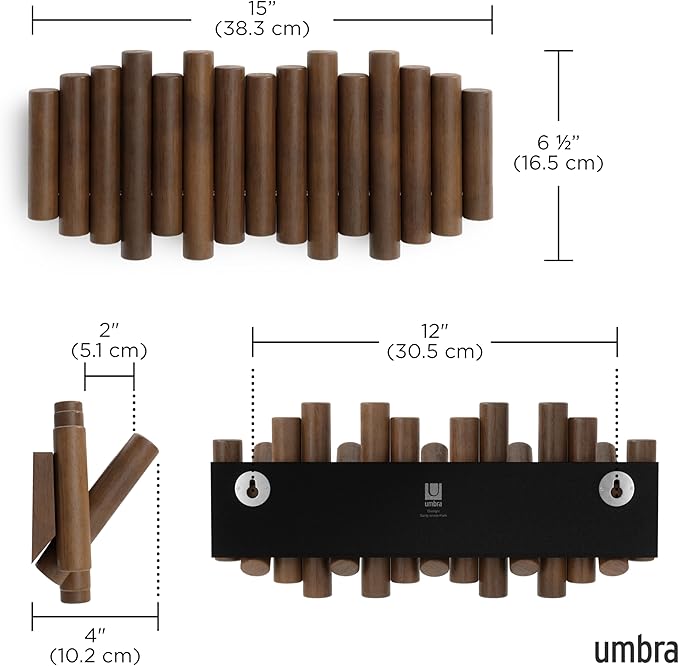 Umbra Picket Coat Rack, Wall Mount 5 Flip-Down Coat Hooks, Walnut | Beveled pine wood dowels, supports up to 5 lbs, mounting hardware included, space saving