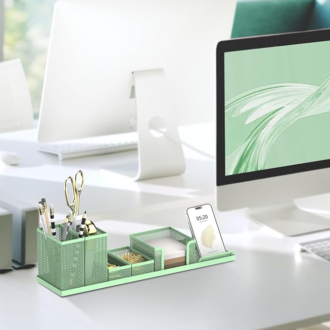 Pen Holder for Desk, 6-Piece Mesh Desk Organizer with Phone Holder, Green | 6-Piece Black Mesh Desk Set Includes Pen Cups, a Sticky Note Caddy and Phone Holder for Office, School, Home