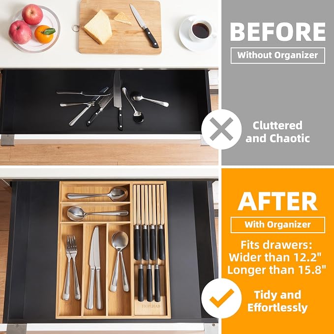 Small Bamboo Silverware Organizer Kitchen Utensil Tray, Natural | Removable Knife Block, Holds 7 Knives, Adjustable Dividers, 15.6 x 12 x 1.8 in, Drawer Insert for Utensils, Forks