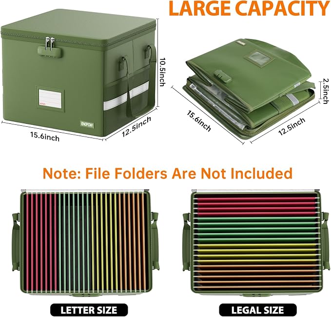 ENGPOW 5200°F File Box Fireproof Document Box with Lock,Heat Insulated Collapsible File Storage Organizer Box with Handle,Portable Home Office File Cabinet for Hanging Letter/Legal Size Folder, Green