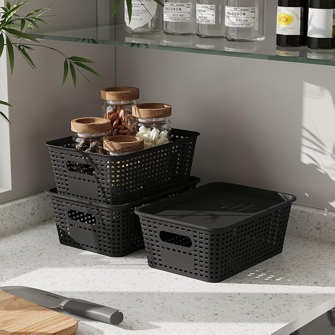 Resze 6 Pack Plastic Breathable Storage Baskets with Lids, Black | Organizer Bins& Containers for Pantry, Desktops, Cabinet, Closet, Offices Organization Toys, Space Saving, Easy-Carry Handles