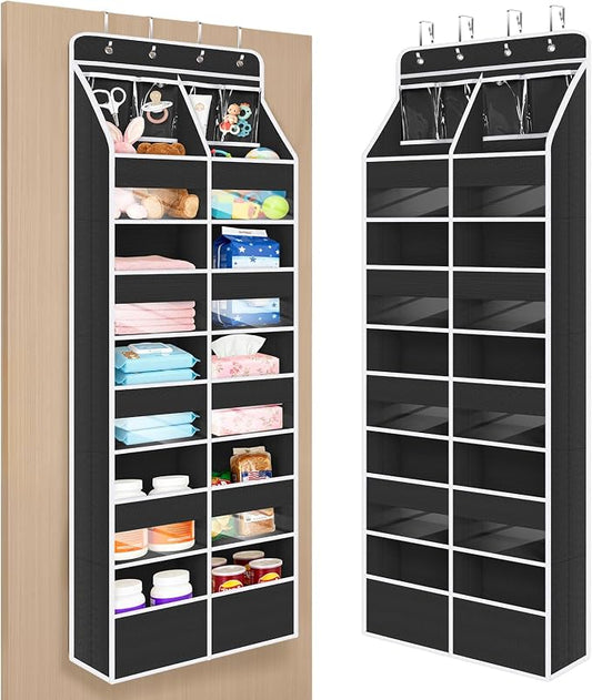 Univivi Upgraded Over the Door Organizer for Baby Nursery, Black, 6-Shelf | Fabric Door Organizer with Clear Window Deep Pockets, Over Door Hanging Organizer for Baby Essential, Bedroom, and Dorm