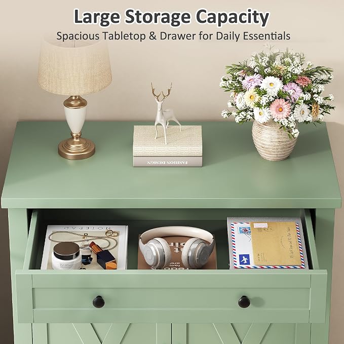 Farmhouse Shoe Storage Cabinet, 5-Tier High Boots Organizer with Adjustable Shelves, Large Drawer & Barn Doors, Entryway Shoe Rack for Hallway Living Room, Green