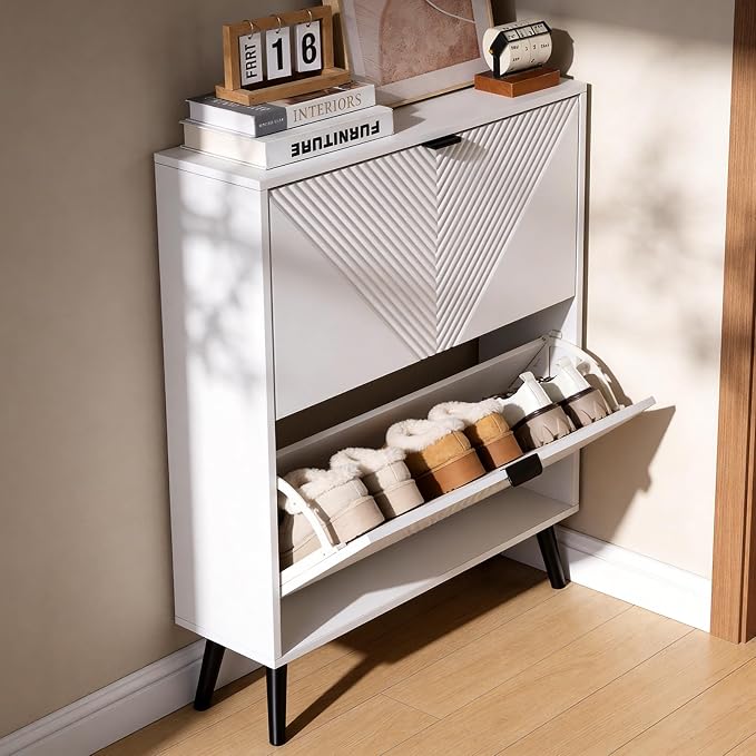 oakvivo Shoe Cabinet Storage, Farmhouse Freestanding Organizer with 2 Flip Drawers and 4 Wooden feet, Narrow Shoe Rack Cabinet for Entryway, Foyer, Hallway, White