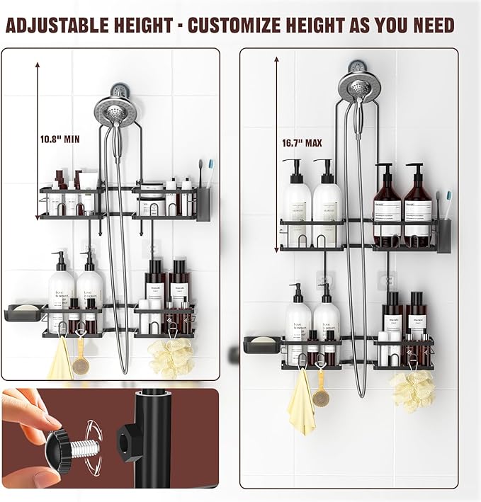 REINHARDT Adjustable Shower Caddy Hanging for Handheld Showerheads, Black | Patented Shower Organizer, Rustproof, 40lbs Capacity, Anti-Swing, Tool-Free, Suction Cups, 8 Hooks, Soap & Toothbrush Holder
