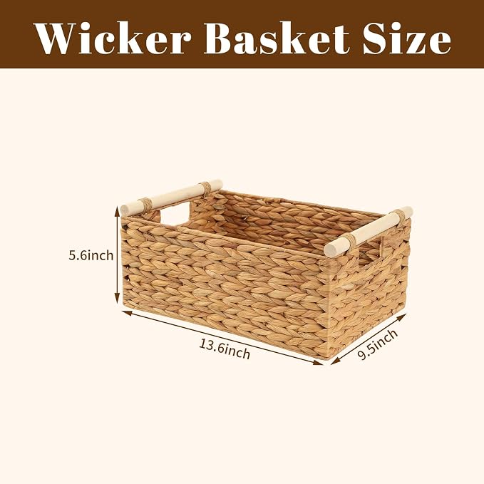 Wicker Storage Basket, Woven Shelf Organizer, 15.5x10.8x6.2 Inch | 15.5x10.8x6.2" natural wicker basket with handles; rectangular shelf organizer for kitchen, bathroom and living spaces.