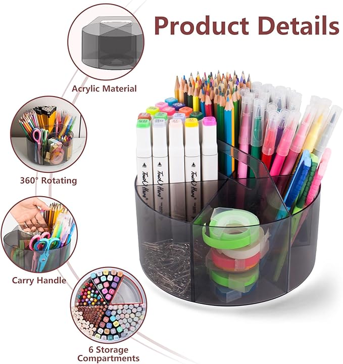 250pcs Acrylic Pencil Holder Marker Organizer, 360-Degree Rotating Pen Holder, Crayon Organizers for Kids Pencil Organizer Caddy Art Supply Kids Desk Organizers for Office Home School, Black