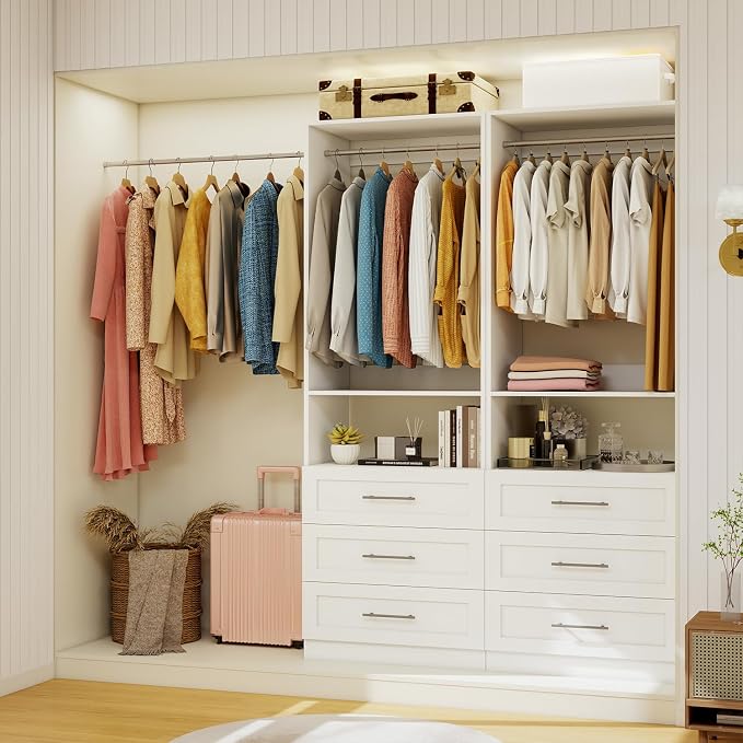 Closet System with Drawers, 2FT Closet Organize System with 3 Drawers & 2 Hanging Rods &for Walk in Closets, 24" Freestanding Closet System, White(VO-009)