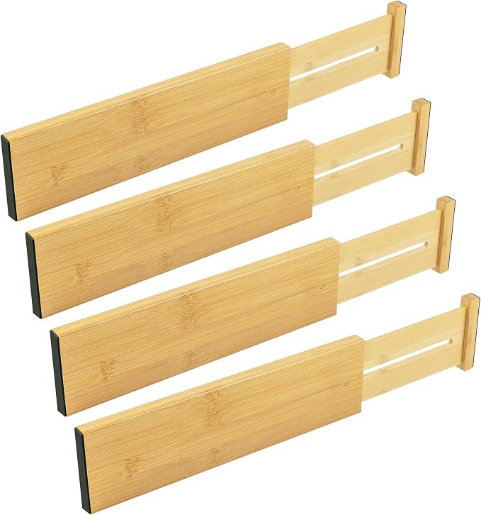 Utoplike Bamboo Dresser Drawer Dividers, Expandable Organizer for Clothing | Adjustable 3.2" High Drawers Separators for Kitchen, Bathroom, Bedroom, Office Storage, 4Pcs, Fit 13.5"-16" Inner Drawer