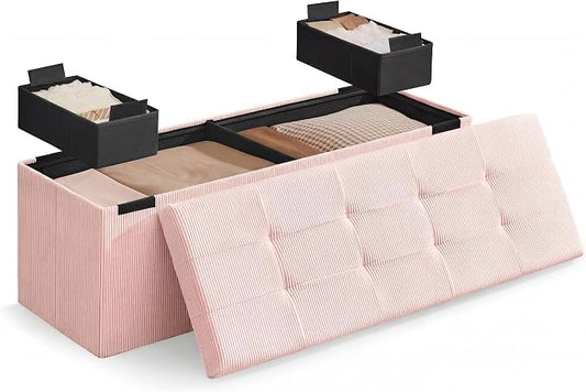 SONGMICS Home Ottoman with Storage, Removable Lid, Folding Storage Chest, Easy Assembly, for Entryway, Bedroom, Living Room, 15.2 x 43.2 x 15.2 Inches, Corduroy, Light Pink