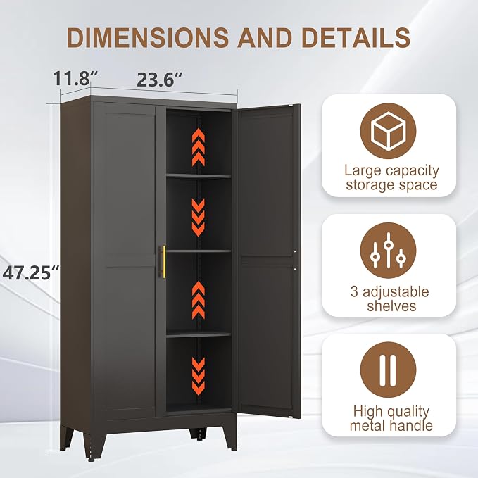 PAOFIN Metal Kitchen Pantry Storage Cabinet with 2 Doors and 3 Adjustable Shelves,Pantry Cabinet with Adjustable Leveling Foot for Kitchen, Living Room, Dining Room（Black）