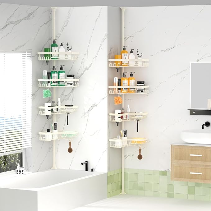 DAOYA Corner Shower Caddy Tension Pole - Adjustable Shower Caddy Off-white | WIth 28 Hook/2 Soap Dish/ 2 Razor Holder, Rustproof, For Bathtub/Bathroom, Floor to Ceiling 25-114 Inch, Simple Install