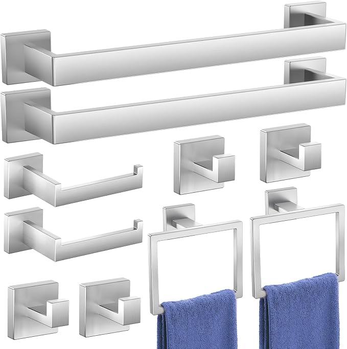 Bathroom Hardware Accessories Set: Bath Towel Bar Set, Towel Racks for Bathroom Wall Mounted, SUS304 Stainless Steel (Brushed Nickel, 10-Pieces)