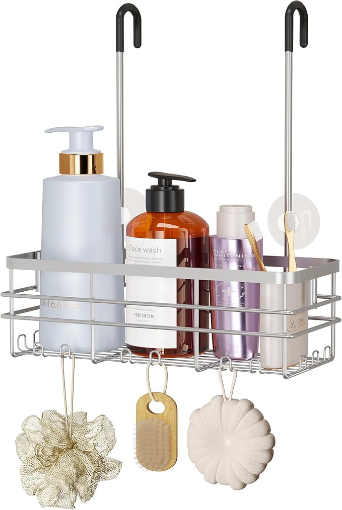 HapiRm Hanging Shower Caddy Organizer - No Drilling Shower Organizer with Hooks, Rustproof & Waterproof 304 Stainless Steel Bathroom Shelves - Silver (1 Basket)