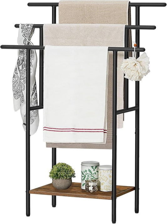 HOOBRO 39.4" Tall Freestanding Towel Rack for Bathroom, 3 Tier Stepped Blanket Rack with Shelf, Oversized Bath Towels Drying and Display Rack, Black and Rustic Brown BF50LB01