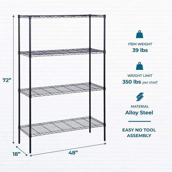 Honey-Can-Do 4-Tier Heavy Duty Extra-Wide Adjustable Shelving Unit, 350-lb Per Shelf Metal Storage Rack, Wire Shelf for Garage Workshop Basement, Black, 48 x 18 x 72 in