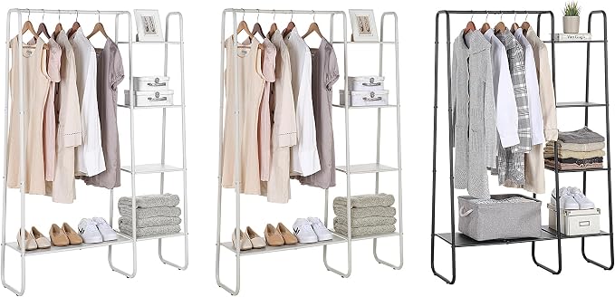 SunnyPoint Open Closet Garment Rack with 4-Tier Shelves & Bottom Storage Shelf, Freestanding Open Wardrobe Clothes Rack Organizer with Hanging Rod for Bedroom Closet, Clothing Rack with Shelves