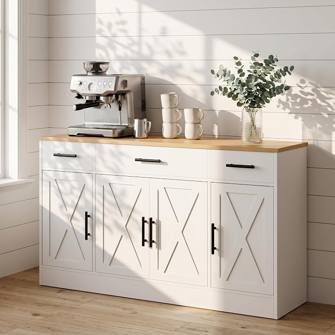 Buffet Cabinet with Storage, 53" Farmhouse Buffet Cabinet with 4 Doors and 3 Drawers, Sideboard Small Storage Cabinet with Adjustable Shelf, for Kitchen, Dining Room & Living Room, White&Yellow