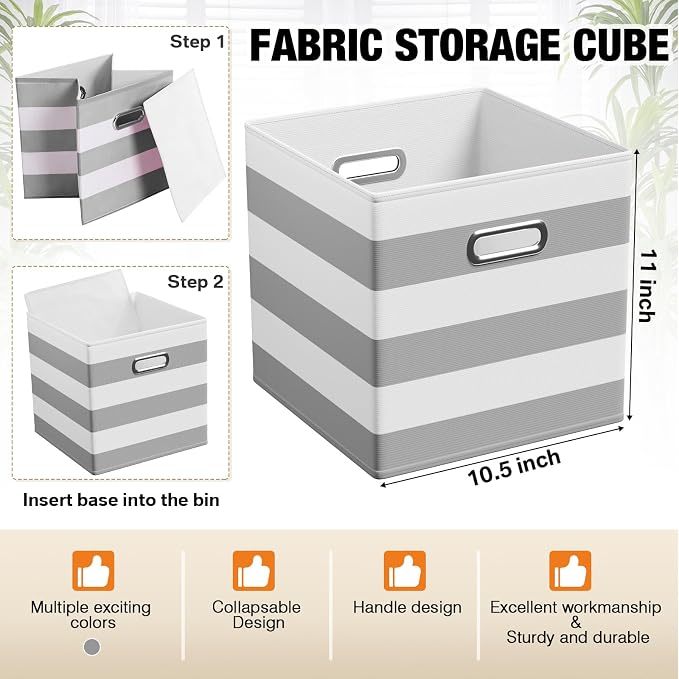 CroBlissful 11 Inch 6 Pack Fabric Storage Cubes with Metal Handles, Back to School Collapsible Organizer Bins for Classroom, Closet, Student Room, Toys and School Supplies (Grey and White)