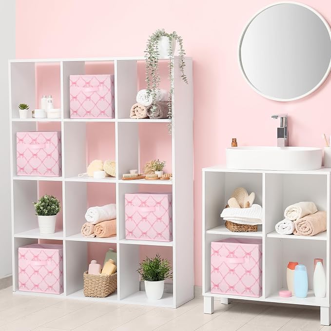 6 Pcs Light Pink Bow Cube Storage Bins 11 Inch Storage Basket with Handle, Preppy Girls Organizer Basket, Collapsible Fabric Box for Classroom Bedrooms Office Home Decoration Gift
