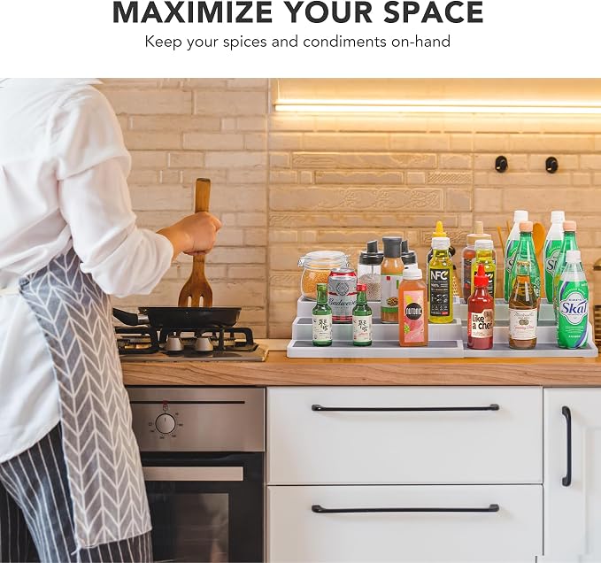 CiWiVOKi 3 Tier Expandable Spice Rack Organizer, Plastic Spice Rack, Adjustable Length 14.6In-25.8In, Non-Skid Tiered Spice Shelf Organizer for Kitchen Cabinet, Cupboard, Pantry, White/Grey
