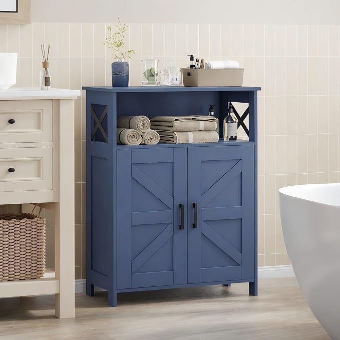 Homhedy Farmhouse Bathroom Storage Cabinet with Doors, Small Floor Cabinet | Toilet Paper Cabinet with Adjustable Shelf, Freestanding Storage Cabinet for Kitchen/Laundry/Living Room, 24"W, Blue