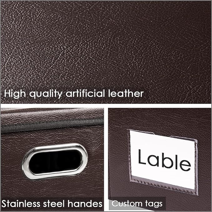 PRANDOM Large Foldable Storage Bins with Lids [3-Pack] Leather Fabric Collapsible Storage Boxes Organizer Containers Baskets Cube with Cover for Home Bedroom Closet Office Brown(17.7x11.8x11.8)