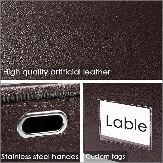 PRANDOM Collapsible Storage Bins with Lids [3-Pack] Leather Fabric Foldable Storage Boxes Organizer Containers Baskets Cube with Cover for Bedroom Closet Office Nursery Brown (14.9x10.8x10)