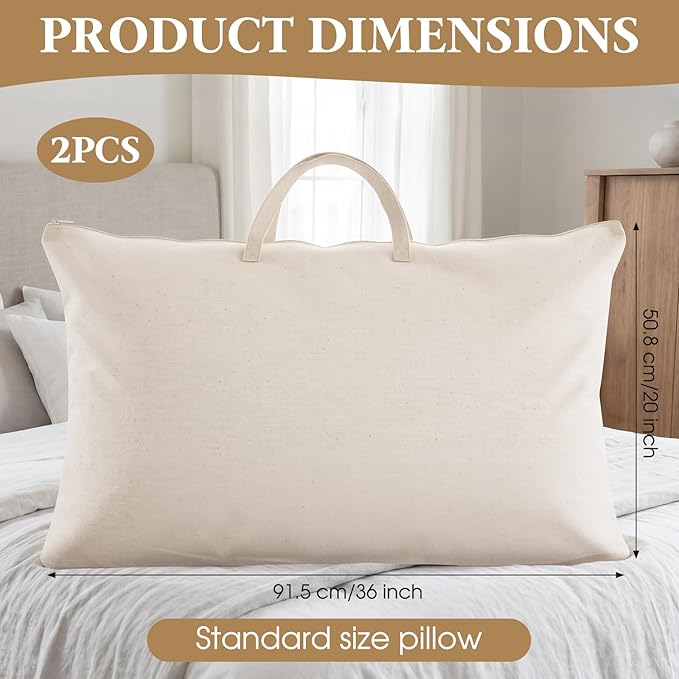 2 Pack Travel Pillow and Blanket Bags, 100% Cotton Canvas Pillow Storage Bag with Handles for Airplane Home, Heavy Duty Breathable Organizer for Bedding Linens, Pillow Bag for Traveling(2,20"x36")