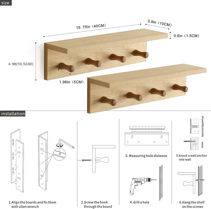 Entrance Coat Rack ，Coat Hooks, Wall-Mounted Wooden Hook Rack, Wall-Mounted Shelves(Oak Color Finish—A-2)