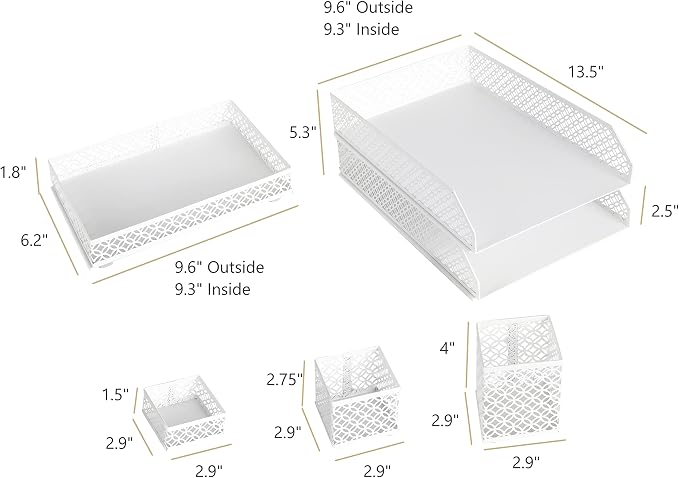 BLU MONACO | White Desk Organizer Set | 6 Piece Metal Desk Organizer with Pen Cup, Accessory Trays, and Letter Trays | Desk Organizers and Accessories for Office
