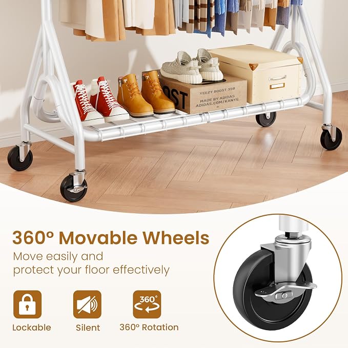 Heavy Duty Clothes Rack for Hanging Clothes, Double Rods Clothing Rack with Lockable Wheels, Rolling Garment Racks with Shelf, Easy to Assemble, White