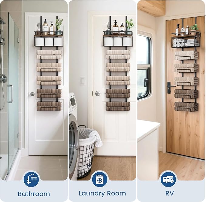 Aetyord Towel Racks for Bathroom Over The Door Towel Racks Towel Storage Organizer with Metal Shelf Basket for Bathroom Rv Camper (7-Tier Black with Brown Plank)