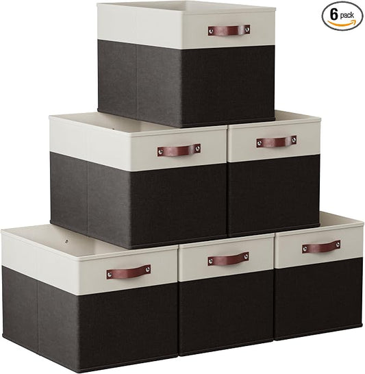 Ornavo Home 13x15x13 Foldable Fabric Storage Cube Bins, 6 Pack, White/Black | Collapsible Linen Shelf Basket Organizer; Leather Handles; Fits Cube Storage Shelving Units